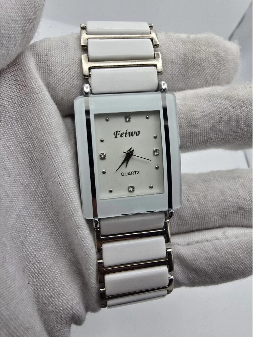 Feiwo Rectangular Quartz Watch White Ceramic Style Bracelet Crystal Markers